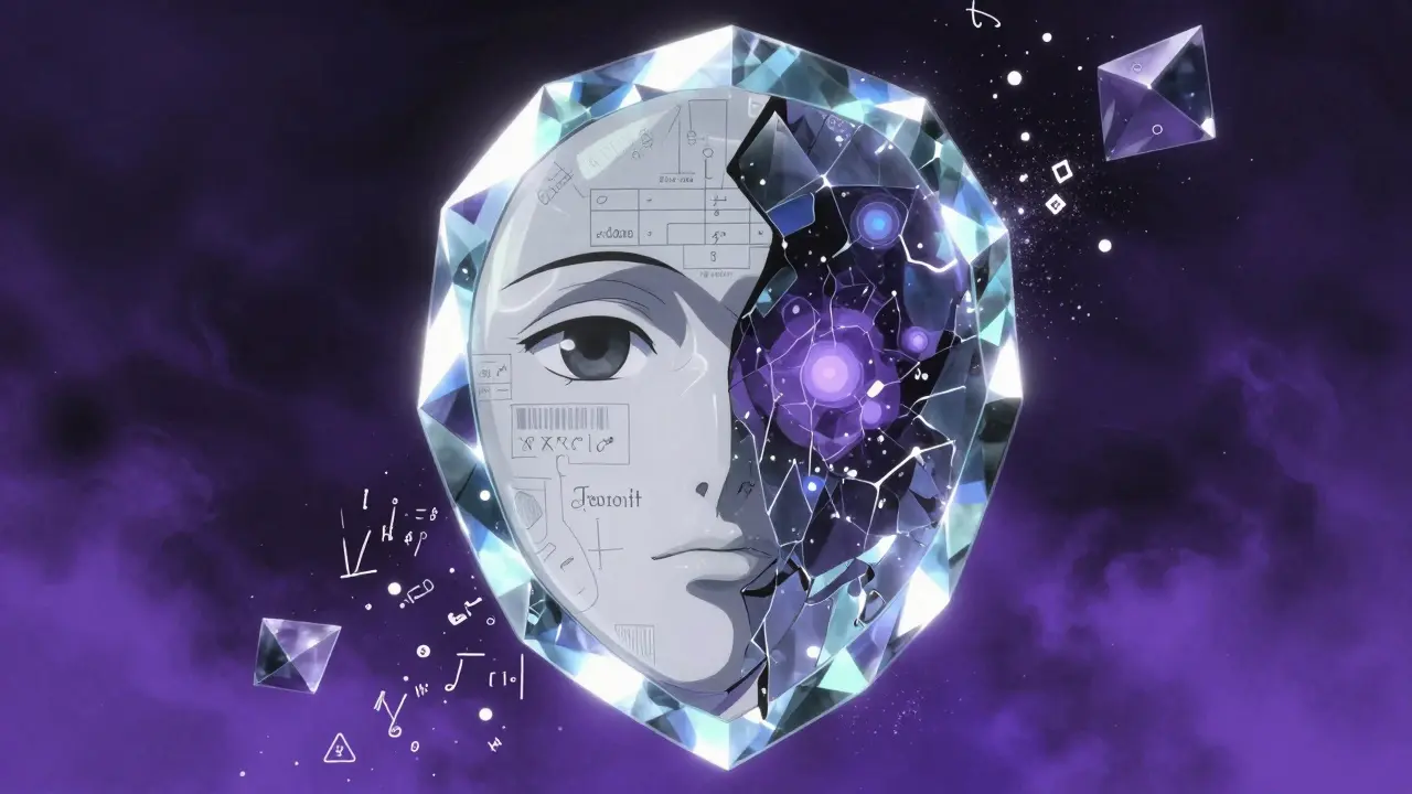 Krystallspeil som viser kontrasten mellom memorering og resonnering i en AI-modell.