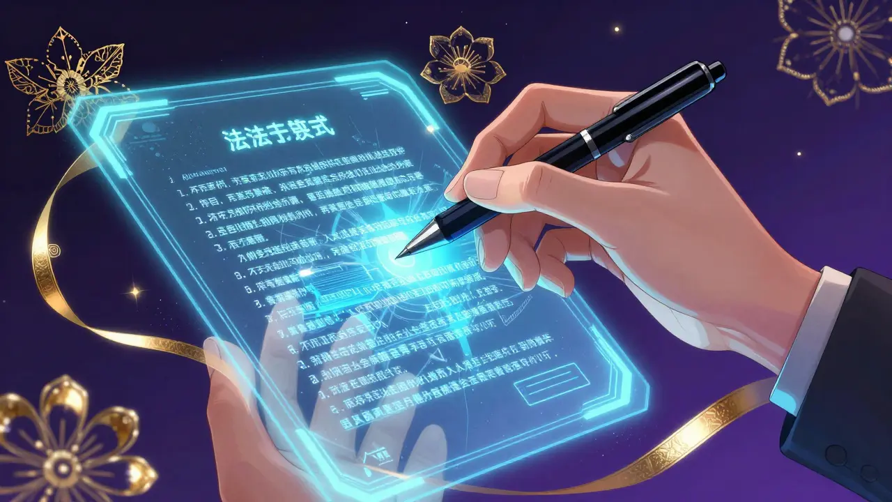 Nærbilde av en hånd som bruker AI til å analysere juridiske kontrakter på en holografisk skjerm.