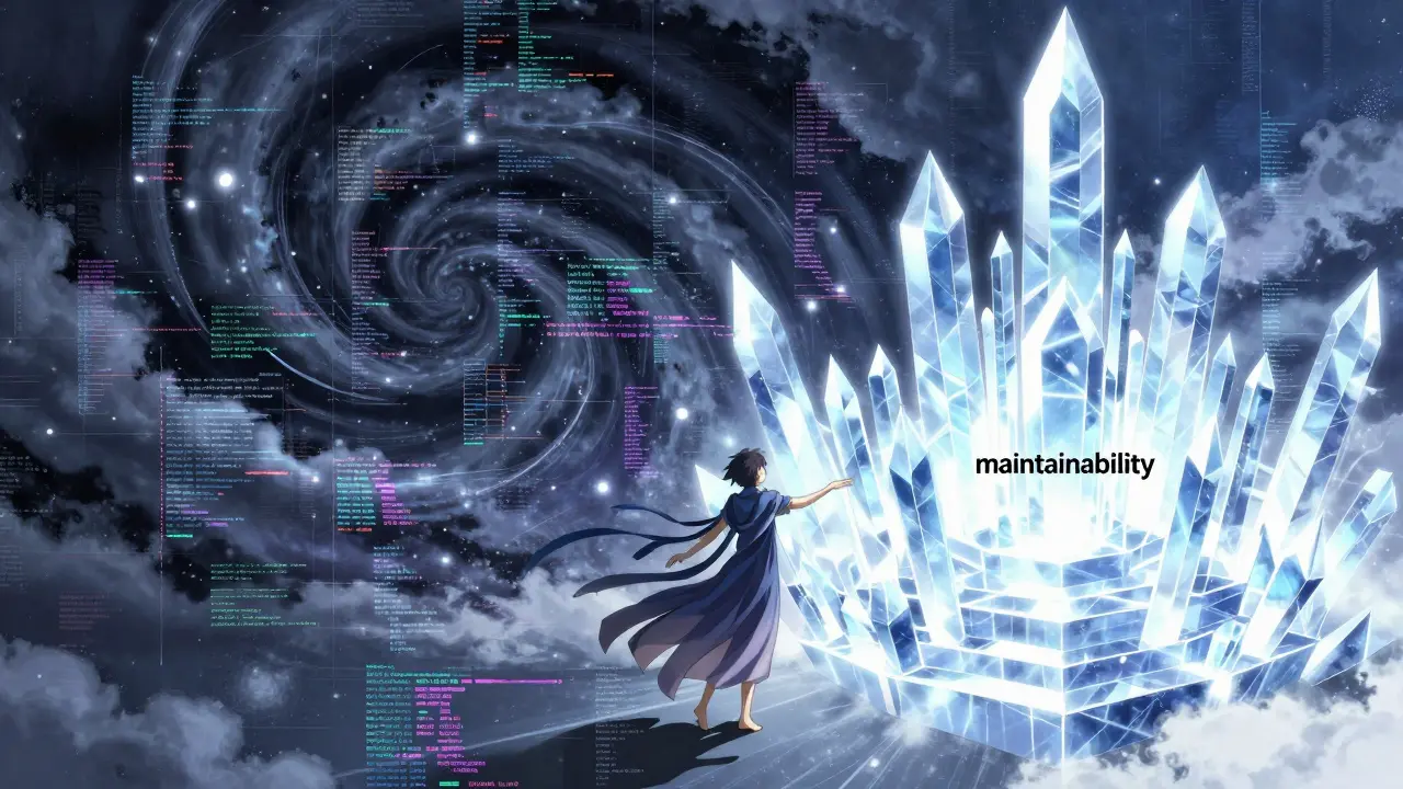 Overgang fra kaotiske AI-feil til strukturert og stabil kode i manga-stil.