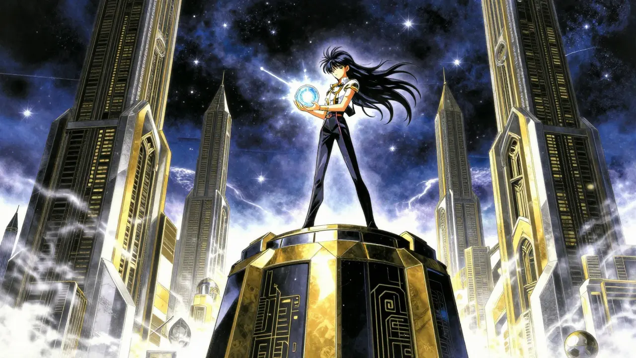 Person som holder en lysende kjerne over en futuristisk server-infrastruktur.