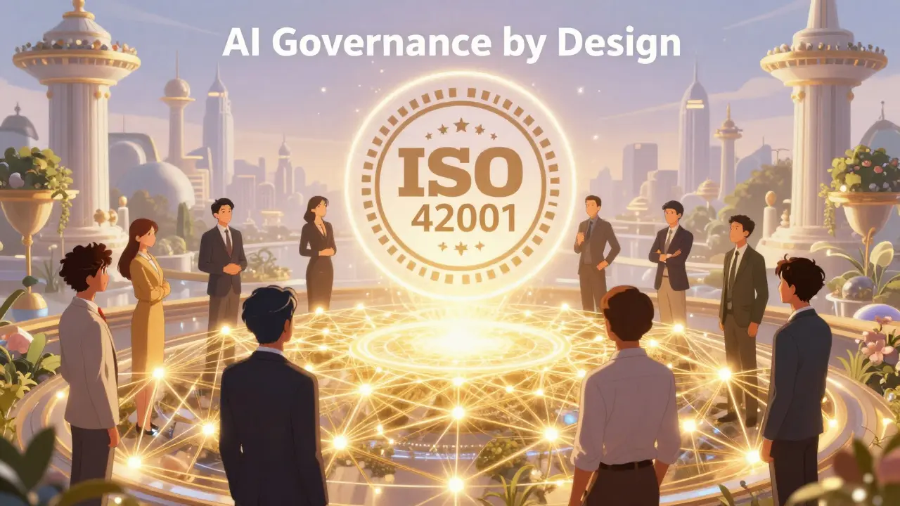 Profesjonelle som integrerer etikk og lovverk i et glødende AI-nettverk i elegant anime-stil.