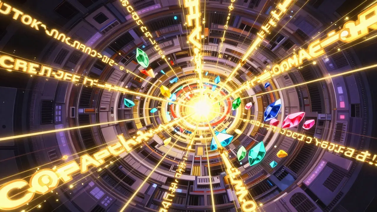 Sammensmeltning av gylne tekststrømmer og fargerike krystallinske bildetokens.