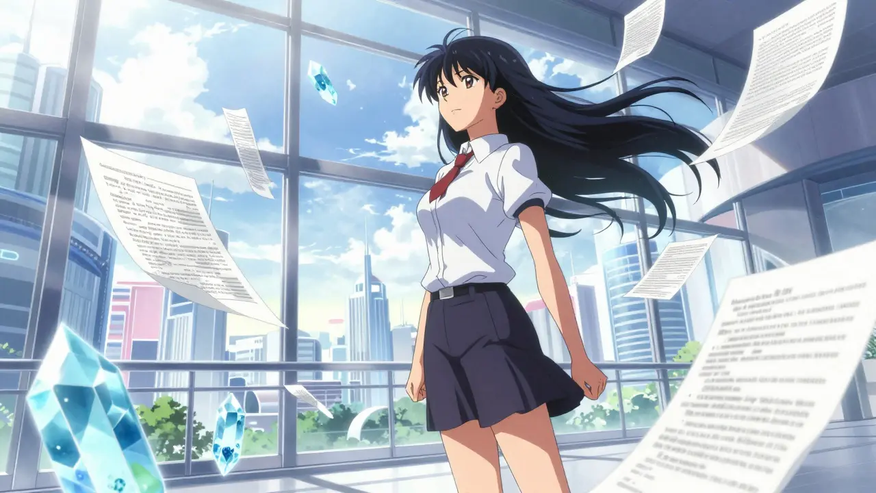 Selvsikker jurist i et moderne glassbygg omgitt av flytende datakrystaller.