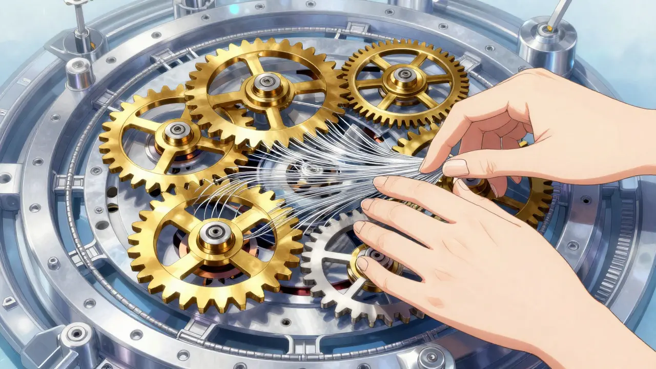 Sølvaktig adapter som veves inn i et komplekst gyllent maskineri.