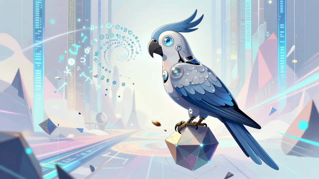 Stilisert mekanisk papegøye som sender ut statistiske symboler i et abstrakt rom.