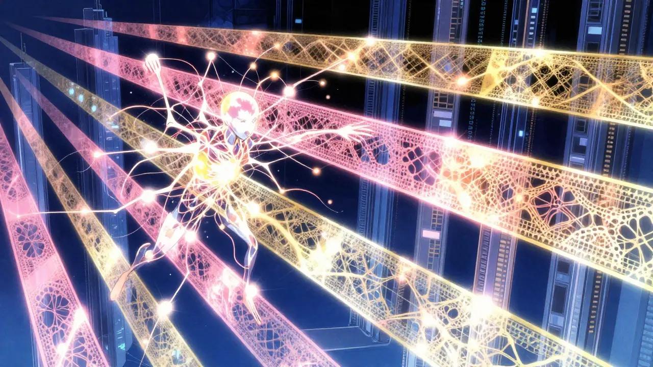 Strømmende energibånd som filtrerer data i et komplekst digitalt sikkerhetssystem.