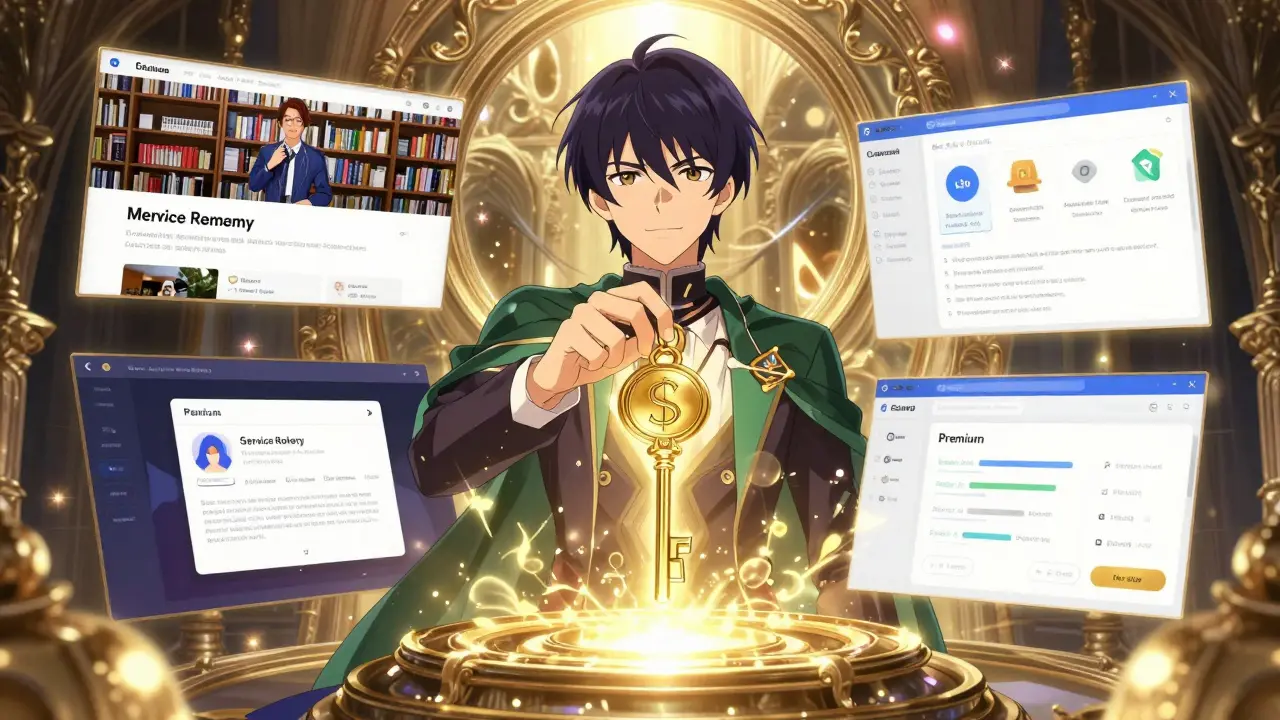 Suksessfulle app-scenarioer rammet inn i ornamentale speil i elegant anime-stil.