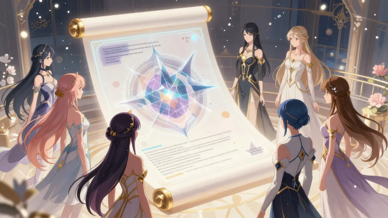 Team analyserer AI-prompter på en svevende, dekorativ rull i anime-stil.