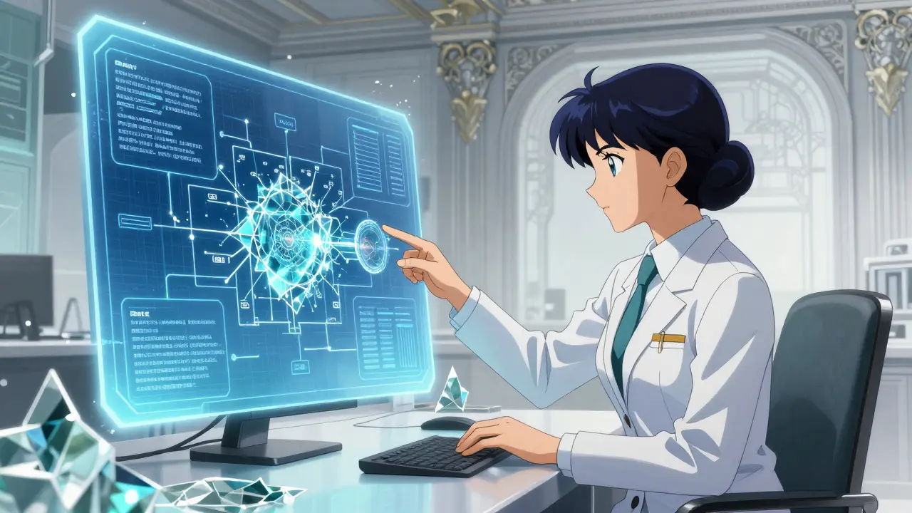 To personer som studerer et holografisk datakart over AI-risiko i et teknologisk miljø.