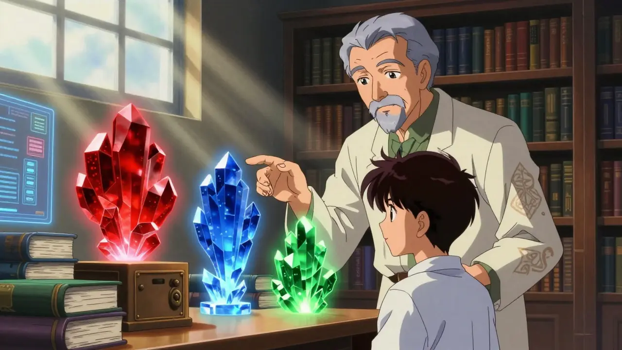 Anime-scene der en mentor velger spesialiserte AI-modeller i et futuristisk bibliotek