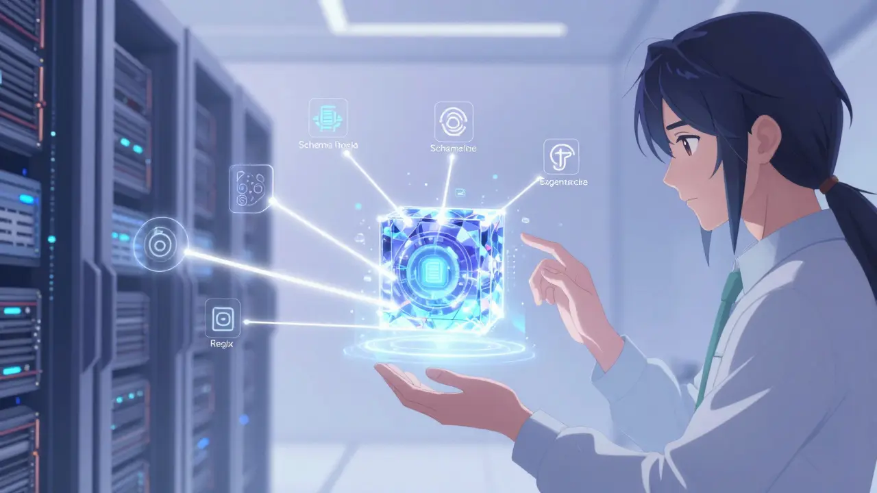 Anime-scene med en tekniker som håndterer strukturert data i et fremtidsrettet serverrom
