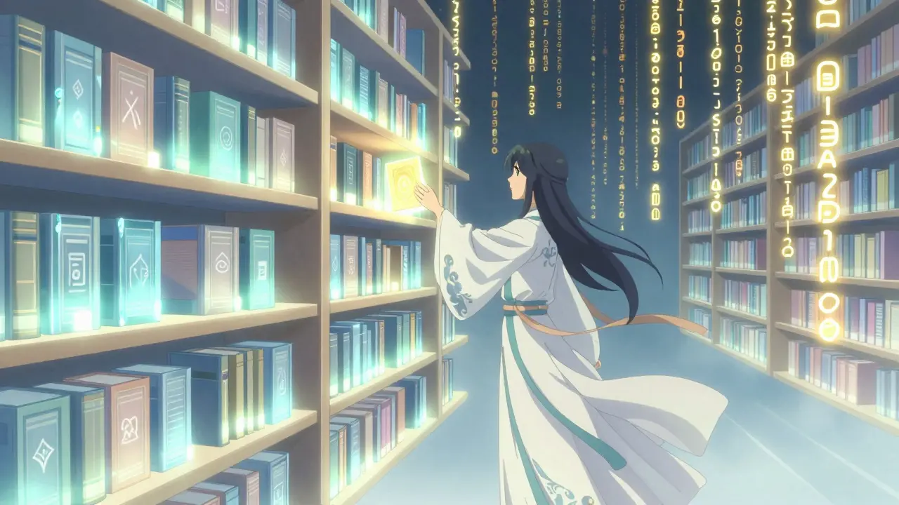 Anime-stil: En rolig karakter velger en glødende mal fra et ettert bibliotek av organisert kunnskap.