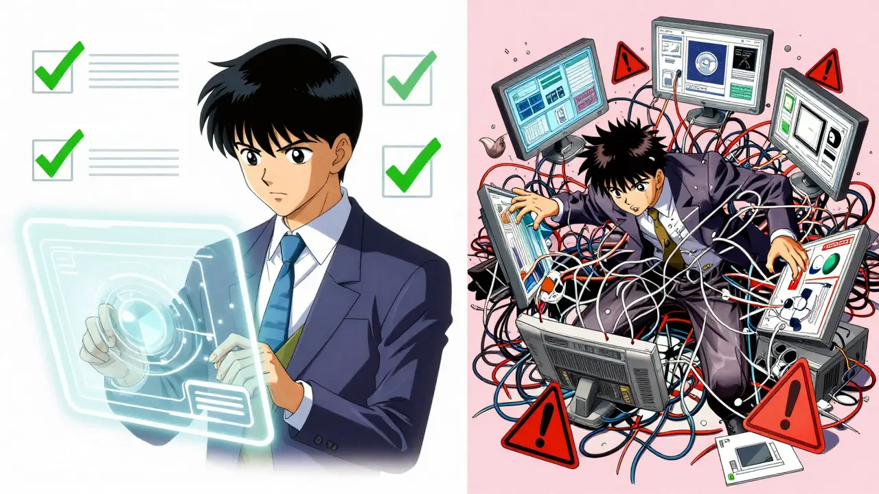 Anime-stil som viser fokusert suksess mot kaotisk mislykket AI-adoptering
