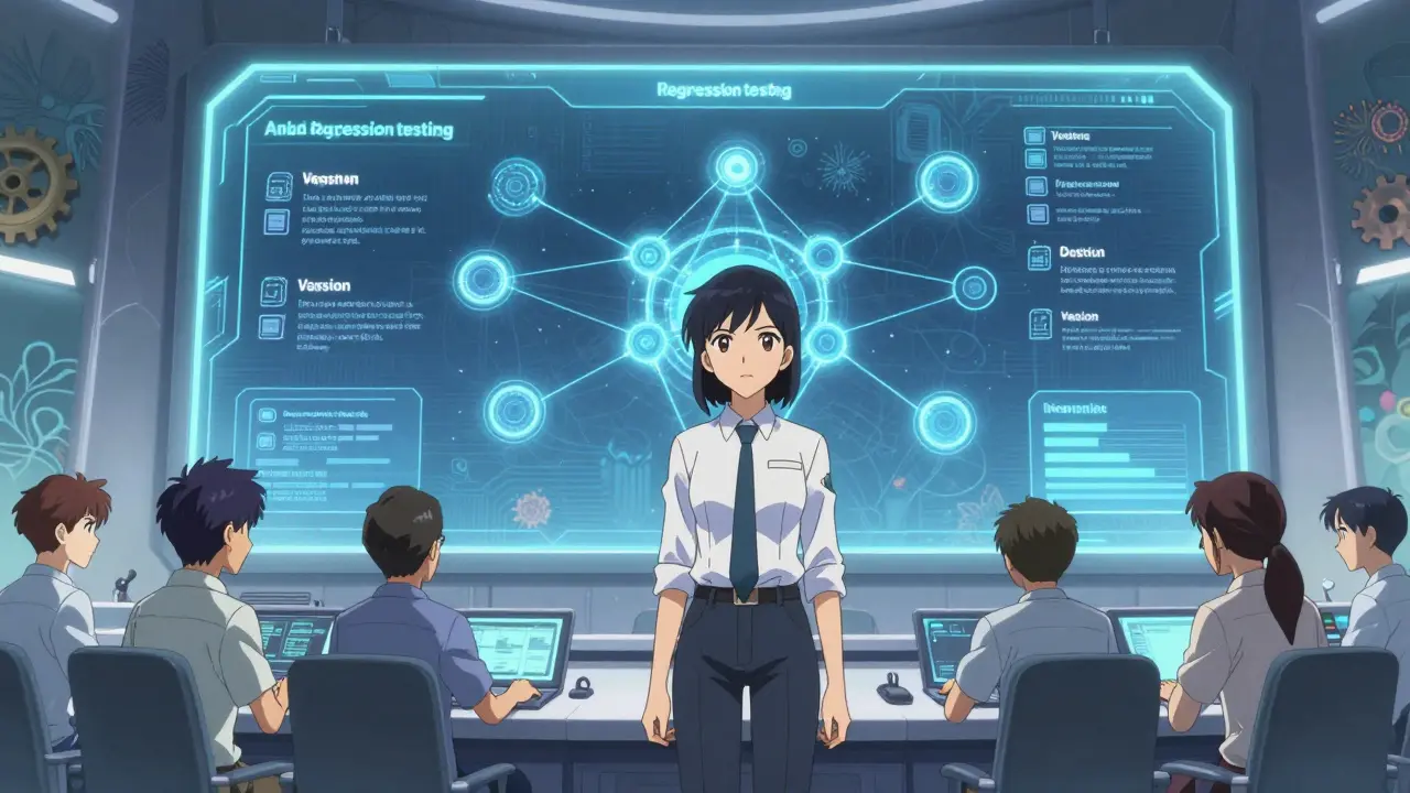 Anime-stil: Teamet styrer fremtidige AI-systemer via en futuristisk grensesnitt med automatisert testing.