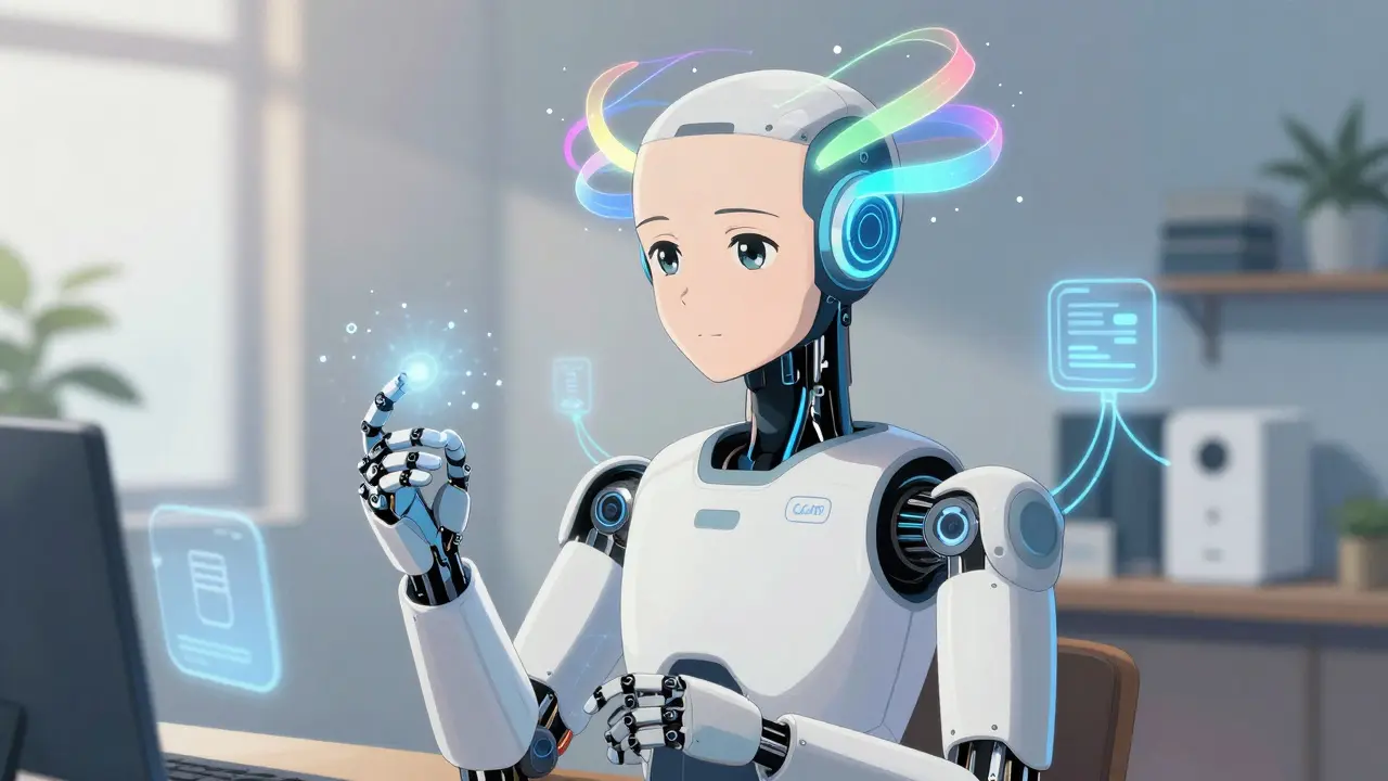 En elegant robot i anime-stil behandler data lokalt i et smart hjem for økt privatliv.