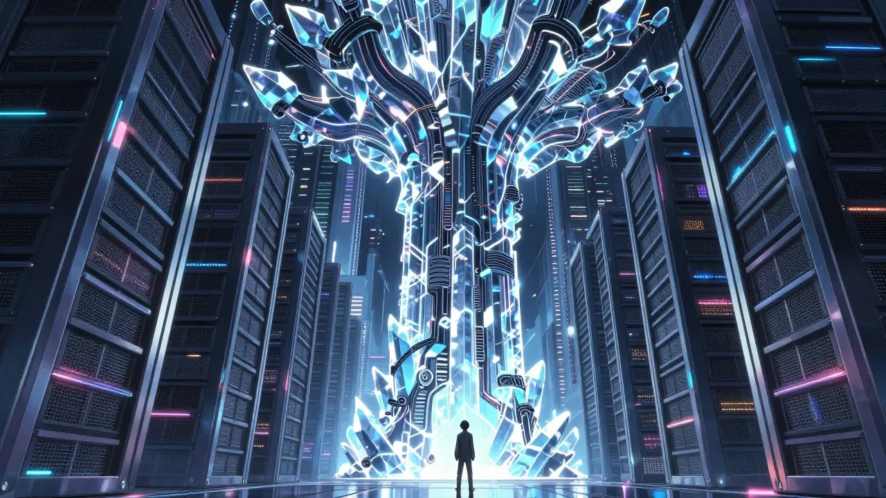 Enorm serverinfrastruktur som krystallstrukturer i anime-stil