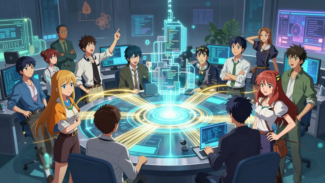 Et team av utviklere samarbeider om en holografisk kodevisning i et futuristisk kontor, illustrert i detaljert CLAMP anime-stil.