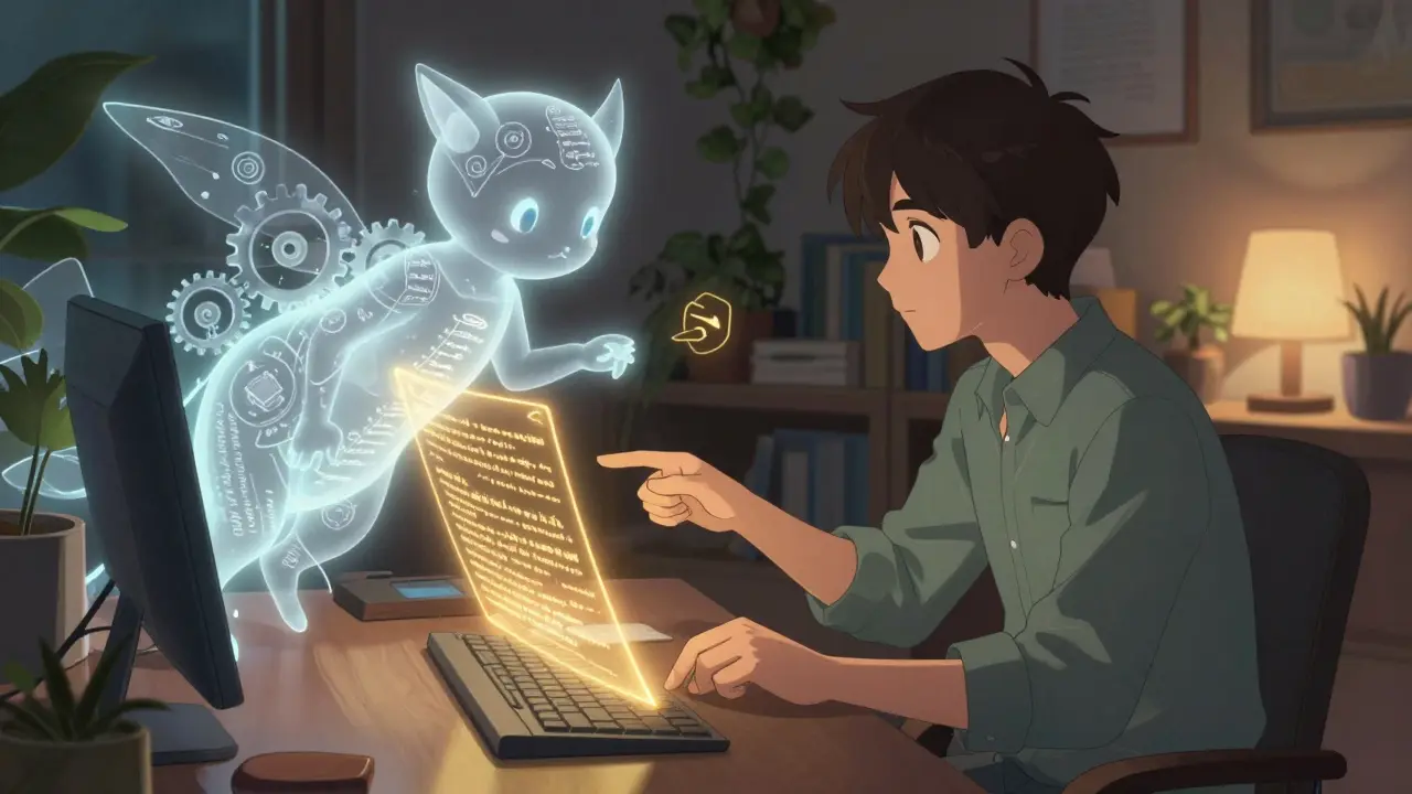 Fantastisk anime-scene der en redaktør samarbeider med en gjennomsiktig AI-ånd
