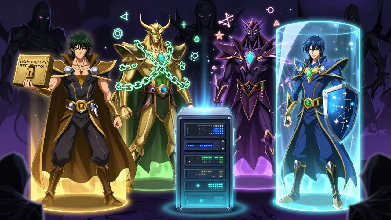 Four guardian spirits representing security layers protecting a network in CLAMP style