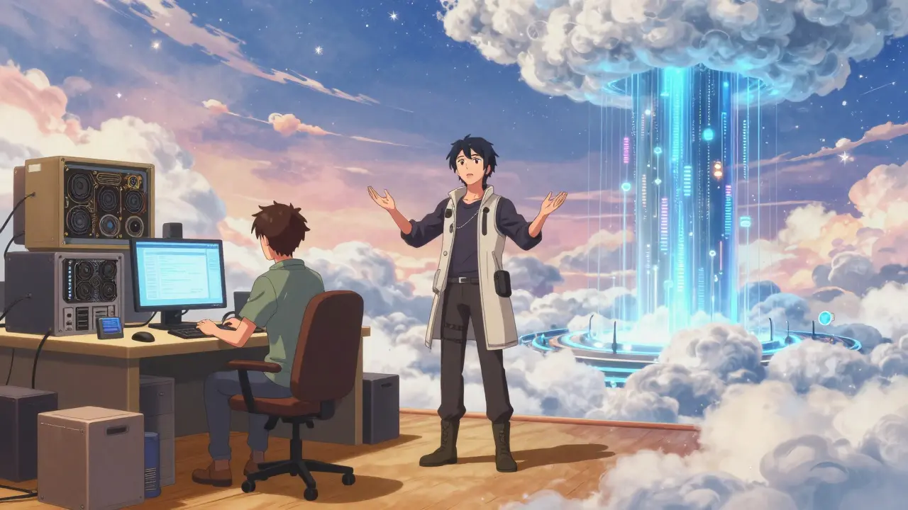 Fremtidsrettet anime-scene med hybrid AI-aritektur og lokal sky-integrasjon