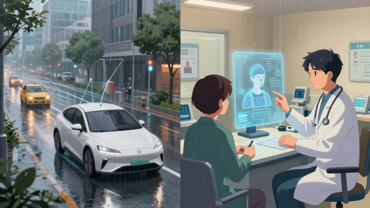 Futuristic car and hospital scene showing secure federated learning applications