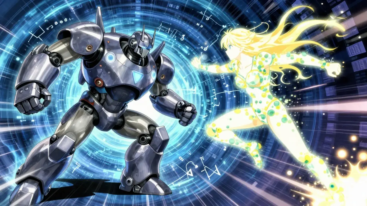 Anime-illustrasjon av en rask, lysbasert ånd som beseirer en tung robot, symboliserende datakomprimeringsfordeler.