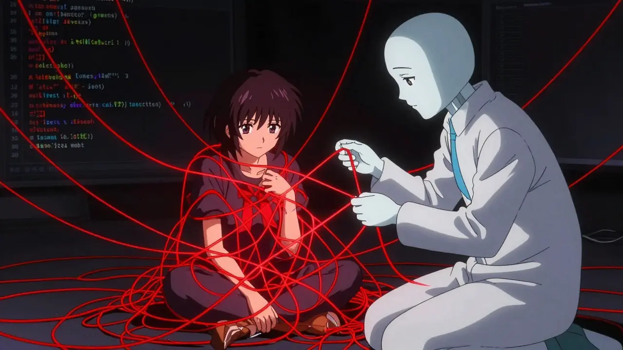 Anime-scene i CLAMP-stil som viser begrepet 'teknisk gjeld', der en karakter er flettet sammen i kaotiske røde tråder som representerer rotete kode, mens en AI-assistent prøver å ordne det.
