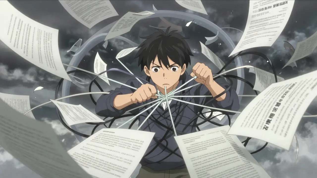 Anime-scene med karakter som forsøker å syntetisere motstridende dokumenter i et kaotisk virvelvind