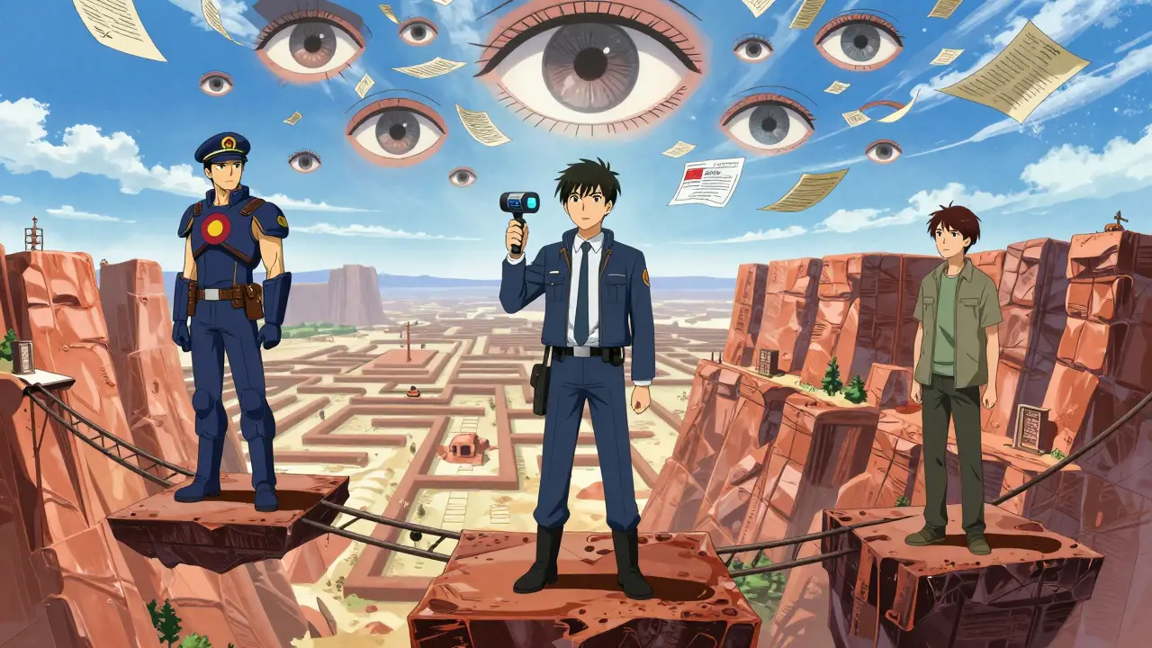 Anime-scene med tre figurer på plattformer som symboliserer Colorado, Illinois og Utahs regler.
