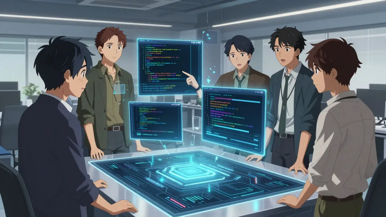 Anime-scene med utviklere som gjennomgår sikkerhetslogger og revisjonsdata