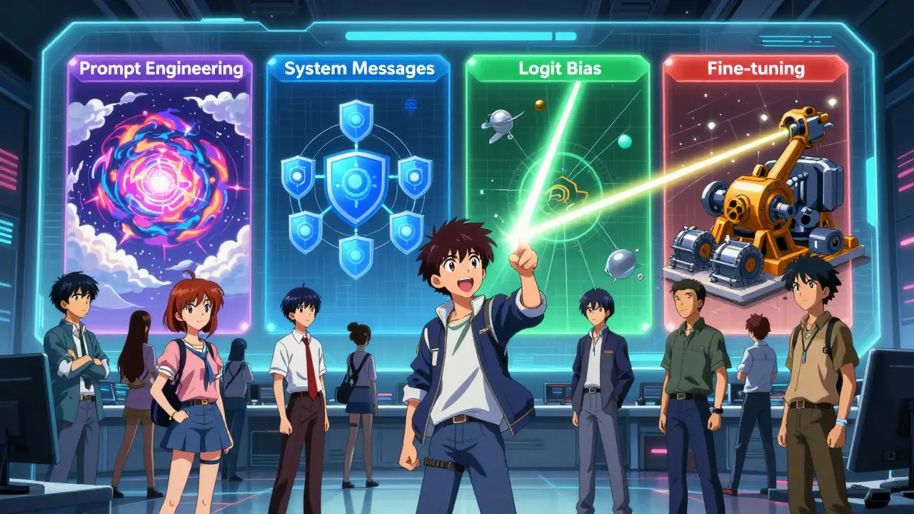 Anime-scene som sammenligner ulike metoder for å styre LLM-utdata med fokus på presisjon