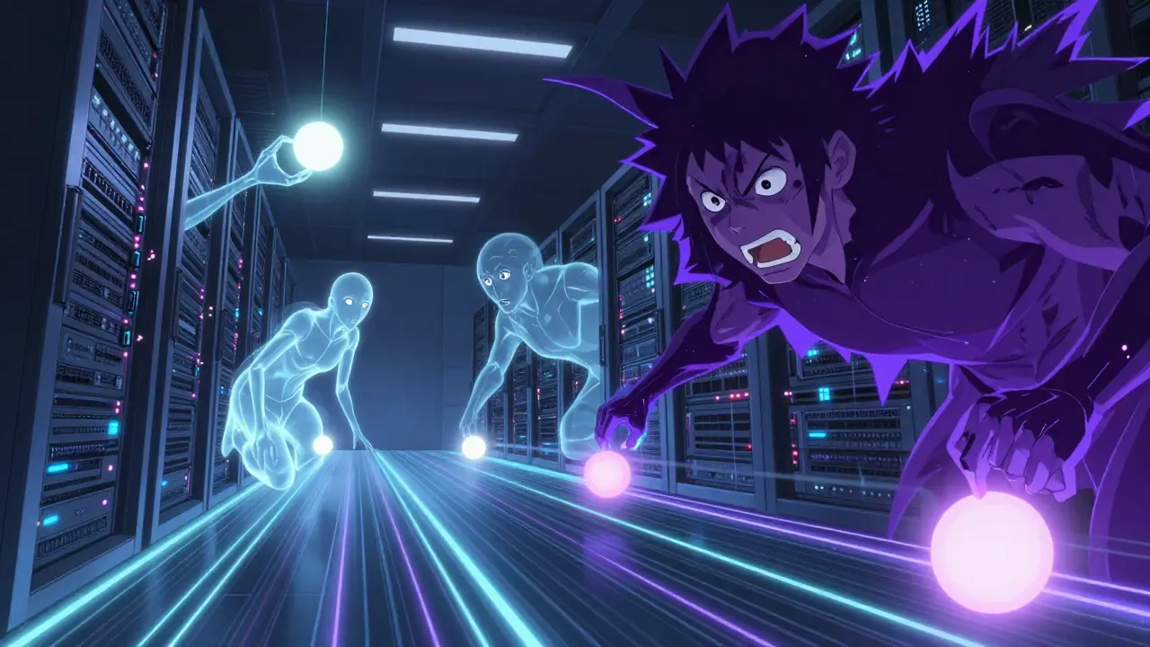 Dramatisk anime-scene der etterspørselsmetrikker sorterer dataskyer i serverrom