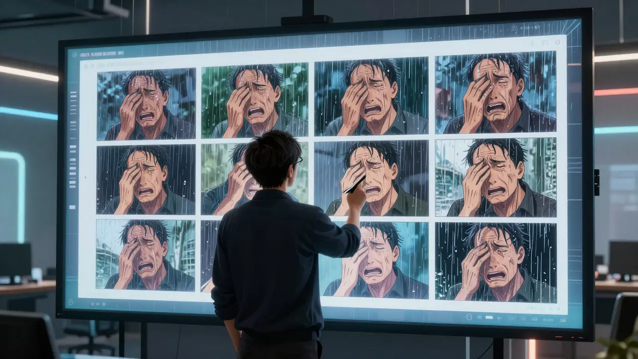 Filmregissør med digitale storyboards i anime-stil