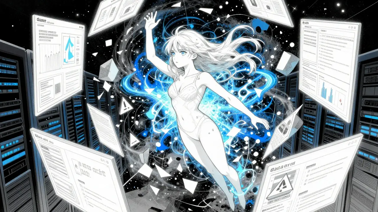 Manga-illustrasjon av en AI-entitet som balanserer kaotiske datadata og valideringsmetrikker.