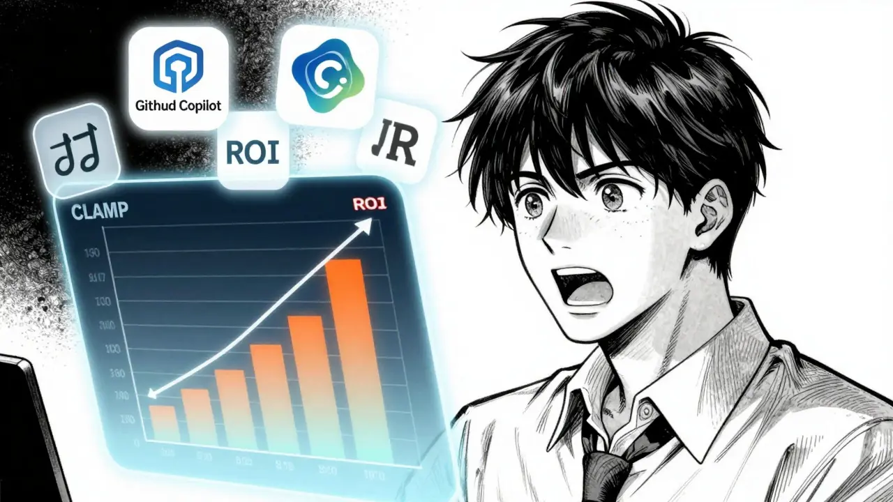 Nærbilde i CLAMP-manga stil av en entreprenør som ser på et holografisk diagram over kostnadsbesparelser, med ikoner for AI-verktøy i bakgrunnen, som viser ROI-potensialet.