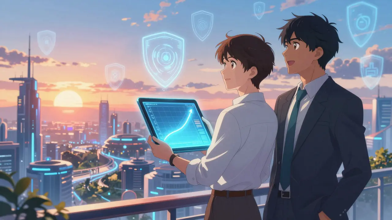 To figurer i anime-stil ser ut over en fremtidssikret AI-by med optimisme