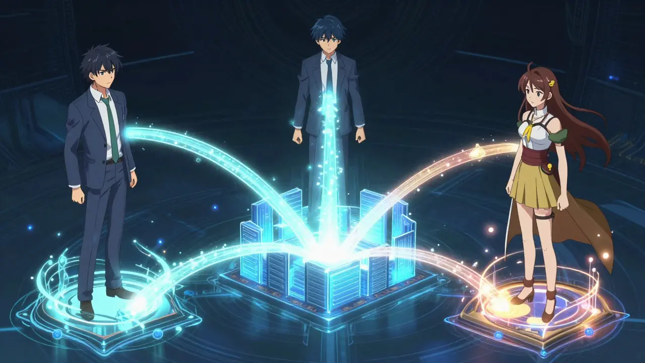Anime-scene som viser samarbeid mellom tre AI-modeller i en prosess