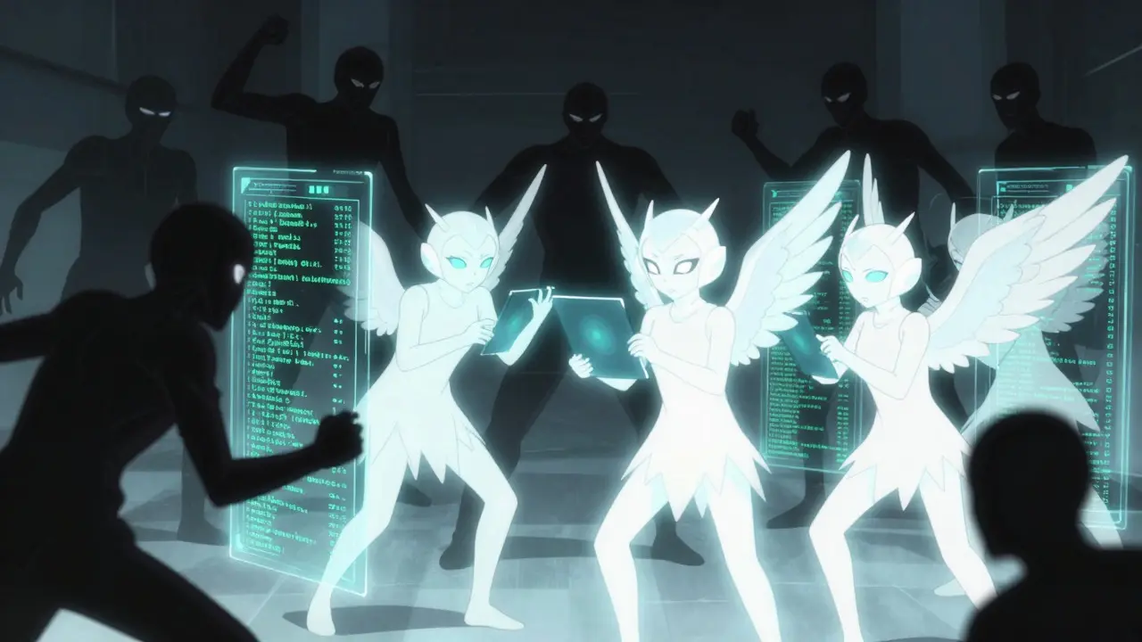 Anime-stil: AI-agenter som lyse vakter bekjemper skyggefulle bedragerifigurer