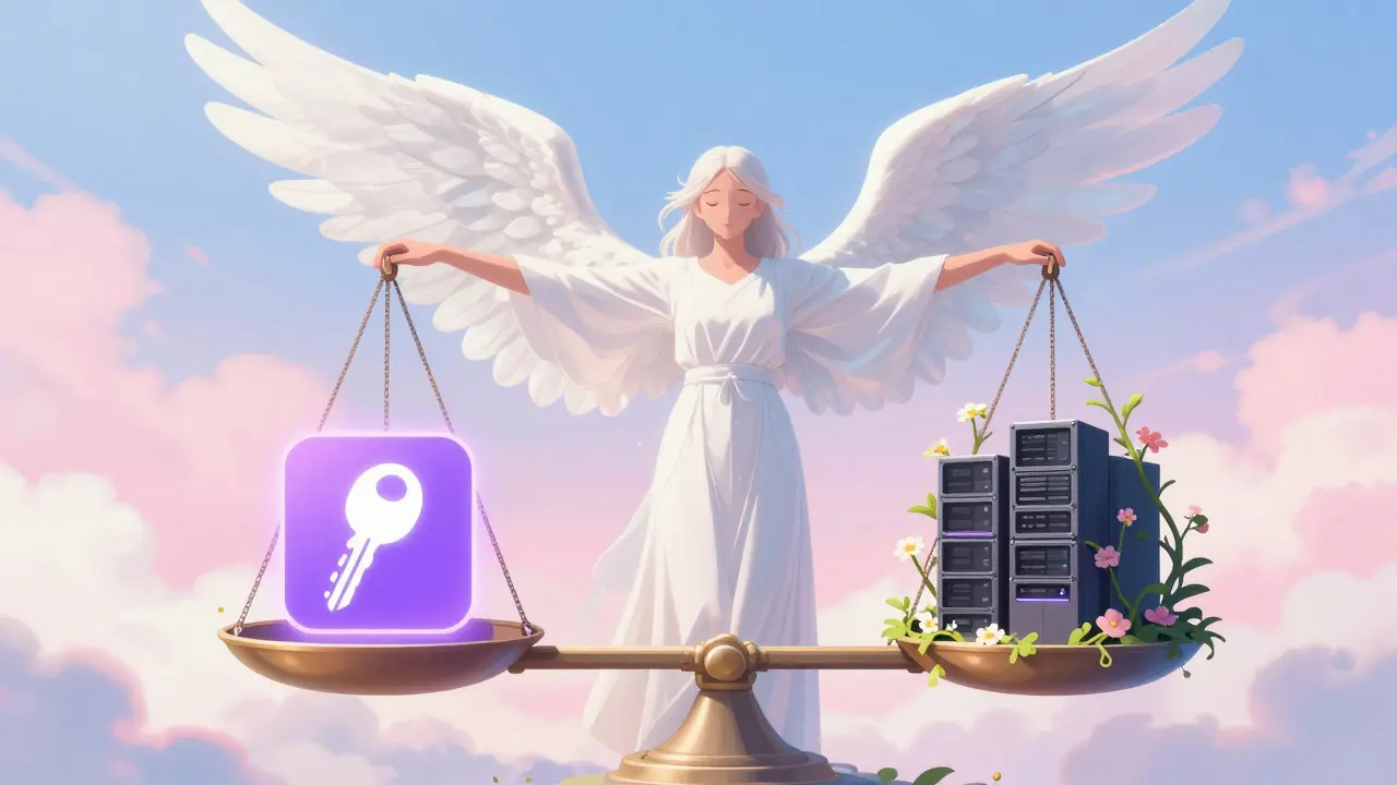 Englefigur holder en balansevekt mellom API og selvhosting