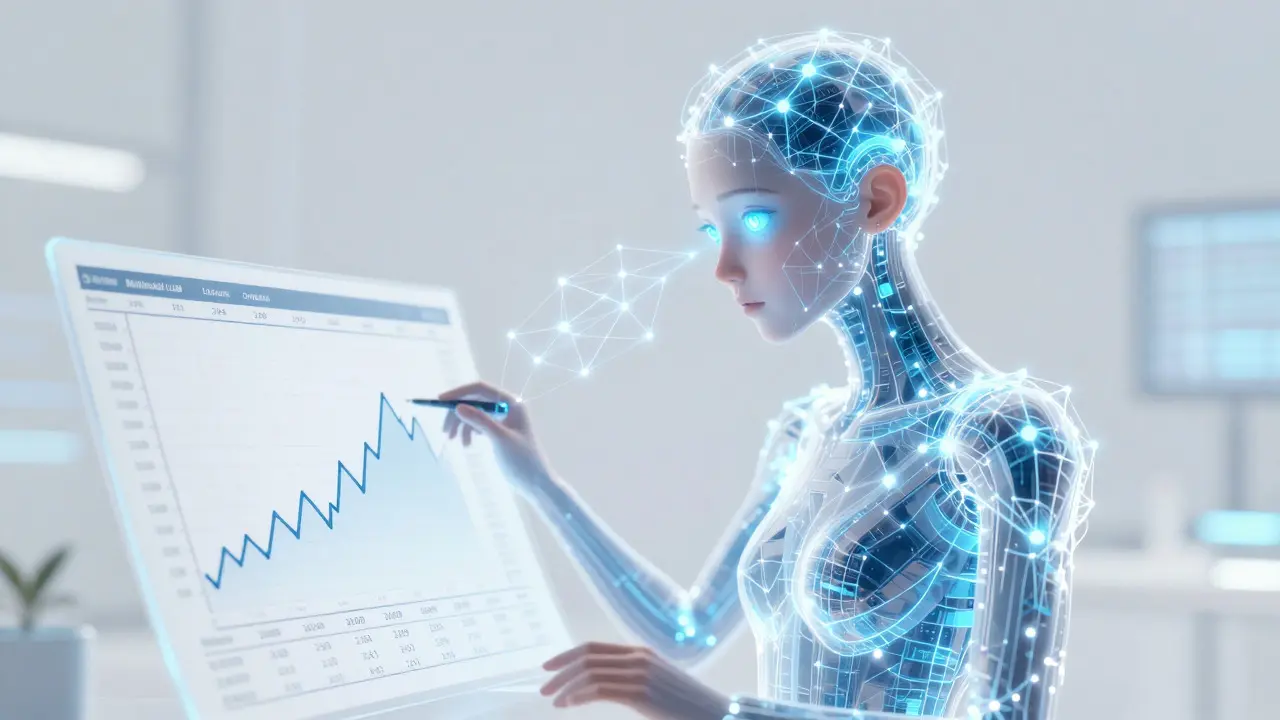 Glowende AI-entitet som analyserer tabeller og grafer med visuell resonnering