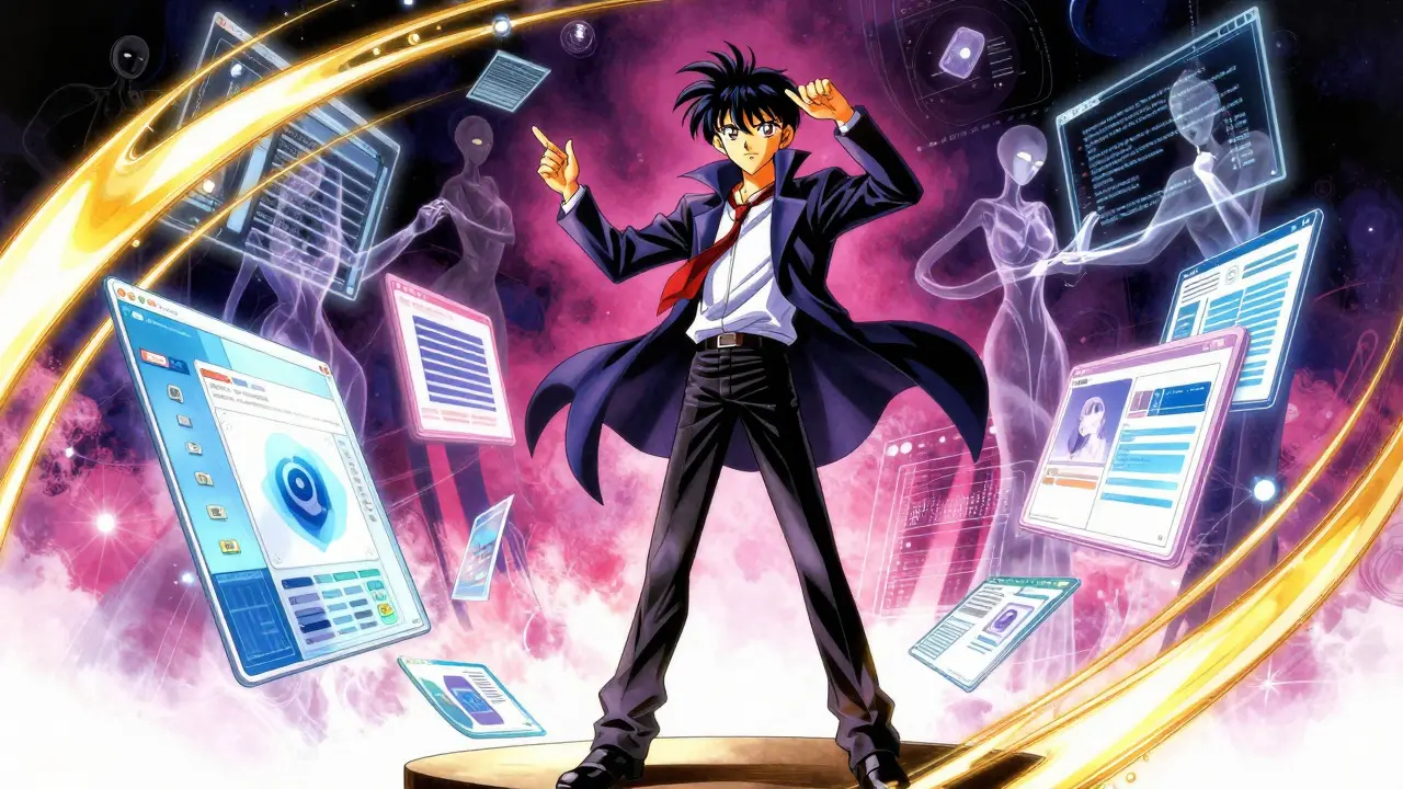 Manga-kunst der en regissør leder AI-agenter og digitale energistrømmer