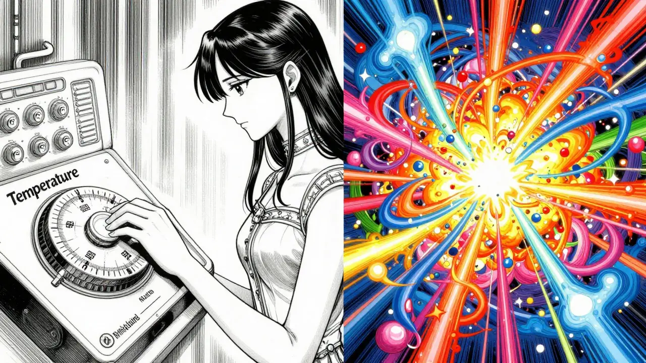 Manga-stil: Kontrast mellom ordnet nøyaktighet ved lav temperatur og kaotisk kreativitet ved høy temperatur