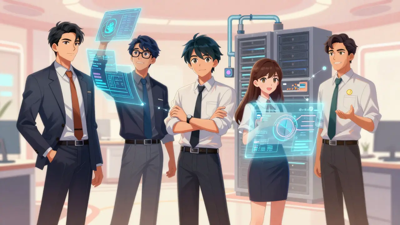 Manga-tegning av et femmanns CoE-team som samarbeider i et futuristisk kontor med holografiske grensesnitt.