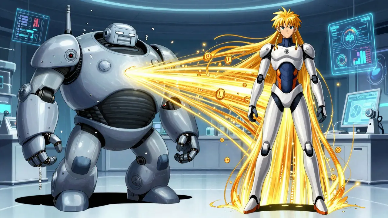 To figurer som representerer ulike AI-treningsstrategier i anime-stil
