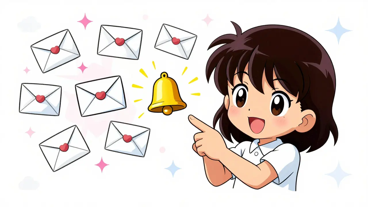 Anime character interacting with floating notification bells and envelopes