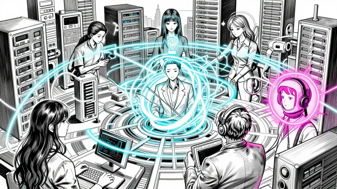 Anime-illustrasjon av flere AI-agenter som samarbeider i en kompleks arbeidsflyt