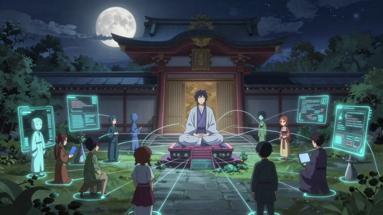 Anime-scene der ulike spesialiserte AI-personifiseringer er koblet til en sentral modell via lyssnorer.