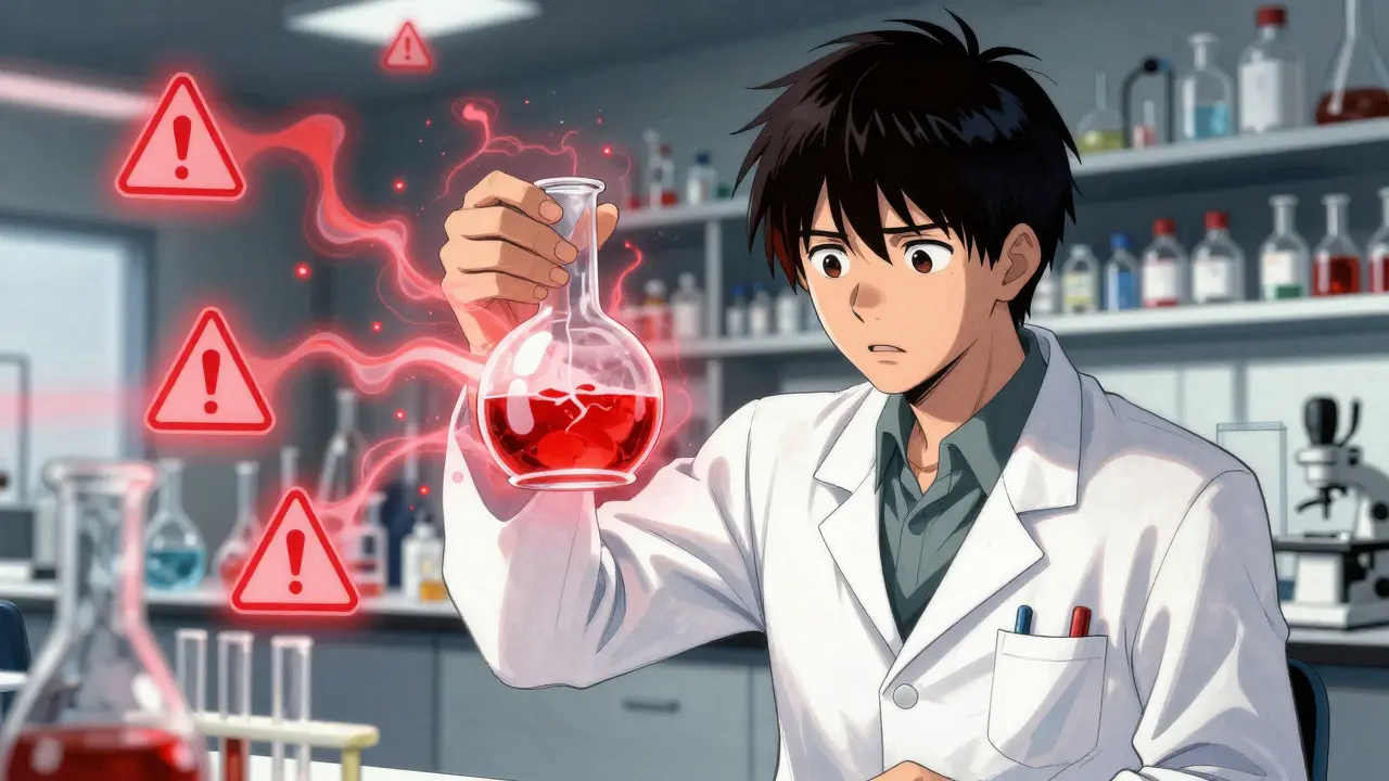 Anime-scene som viser risiko for feil ved bruk av AI i kjemisk eksperimentering