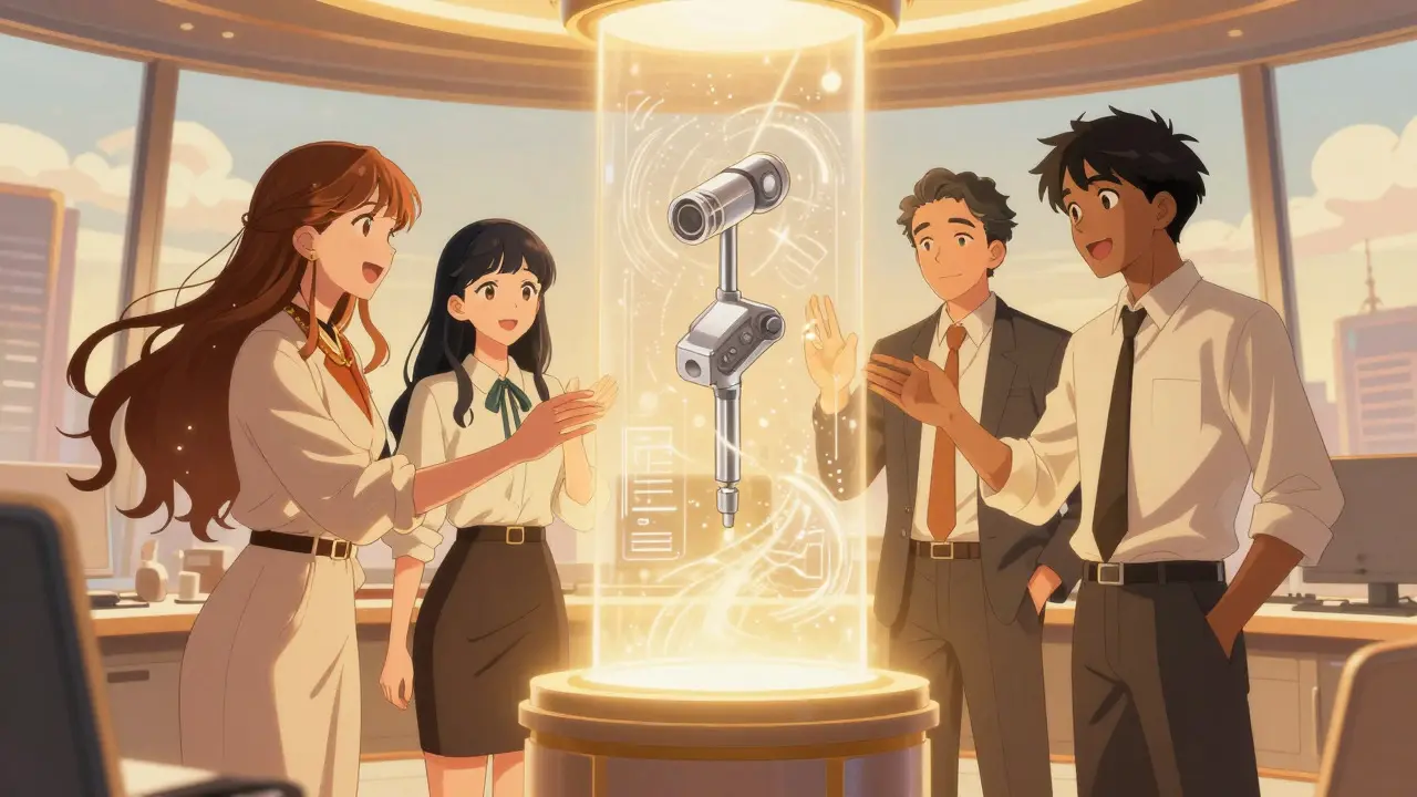 Anime team celebrating the creation of a glowing software interface