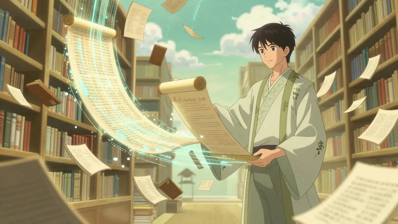 Character holding an infinite scroll in a digital library